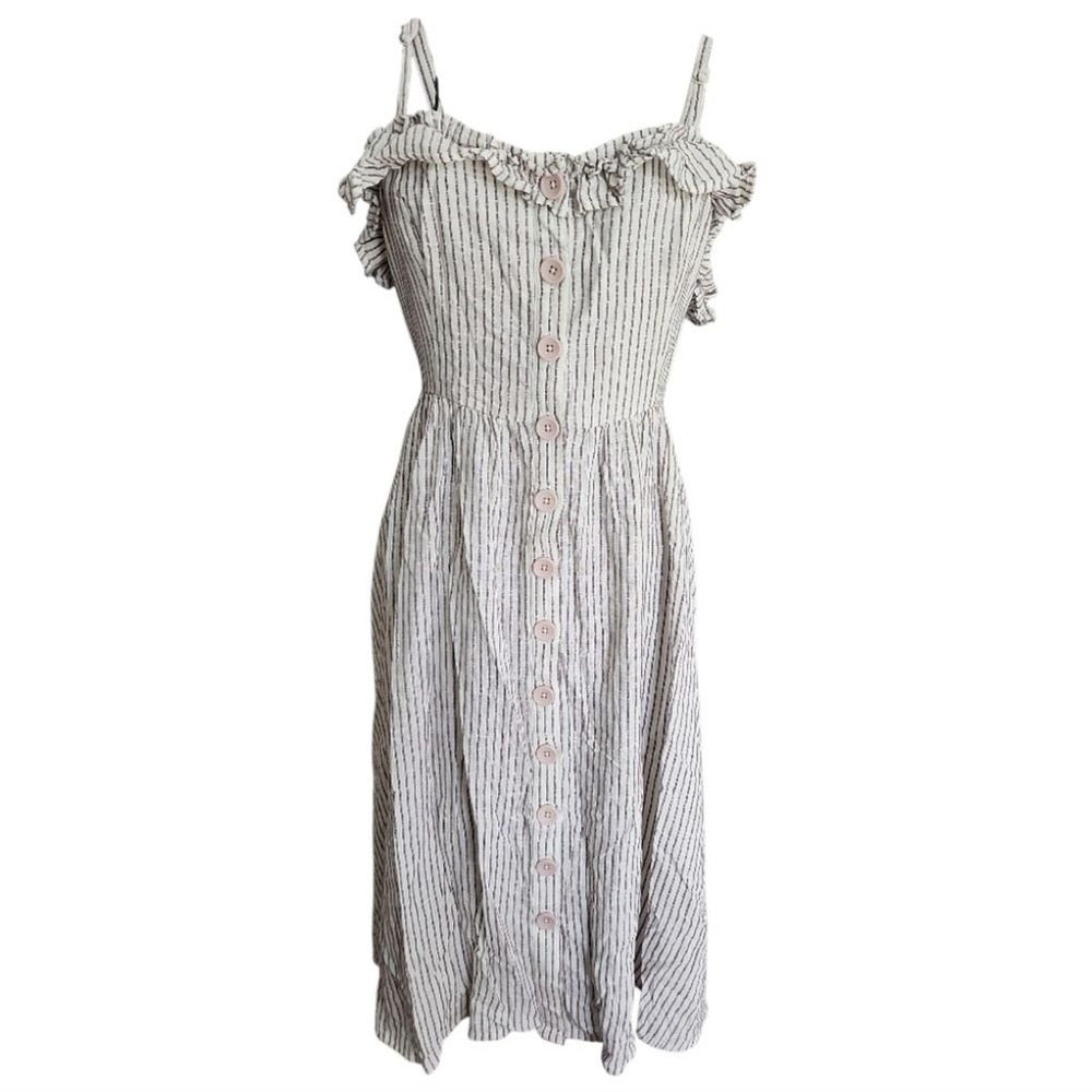 French Connection Stripd Midi Dress Women 8 White Dove Cottagecore Boho Romantic